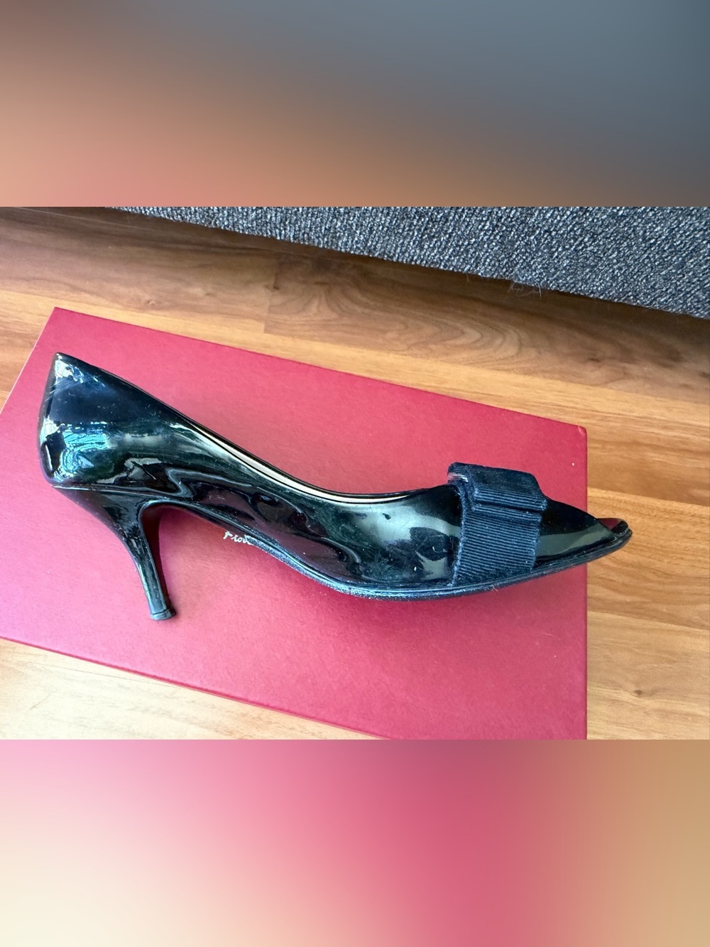 Salvatore Ferragamo Black Patent Peep-Toe Pumps with Bow size 7B - Picture 6 of 16